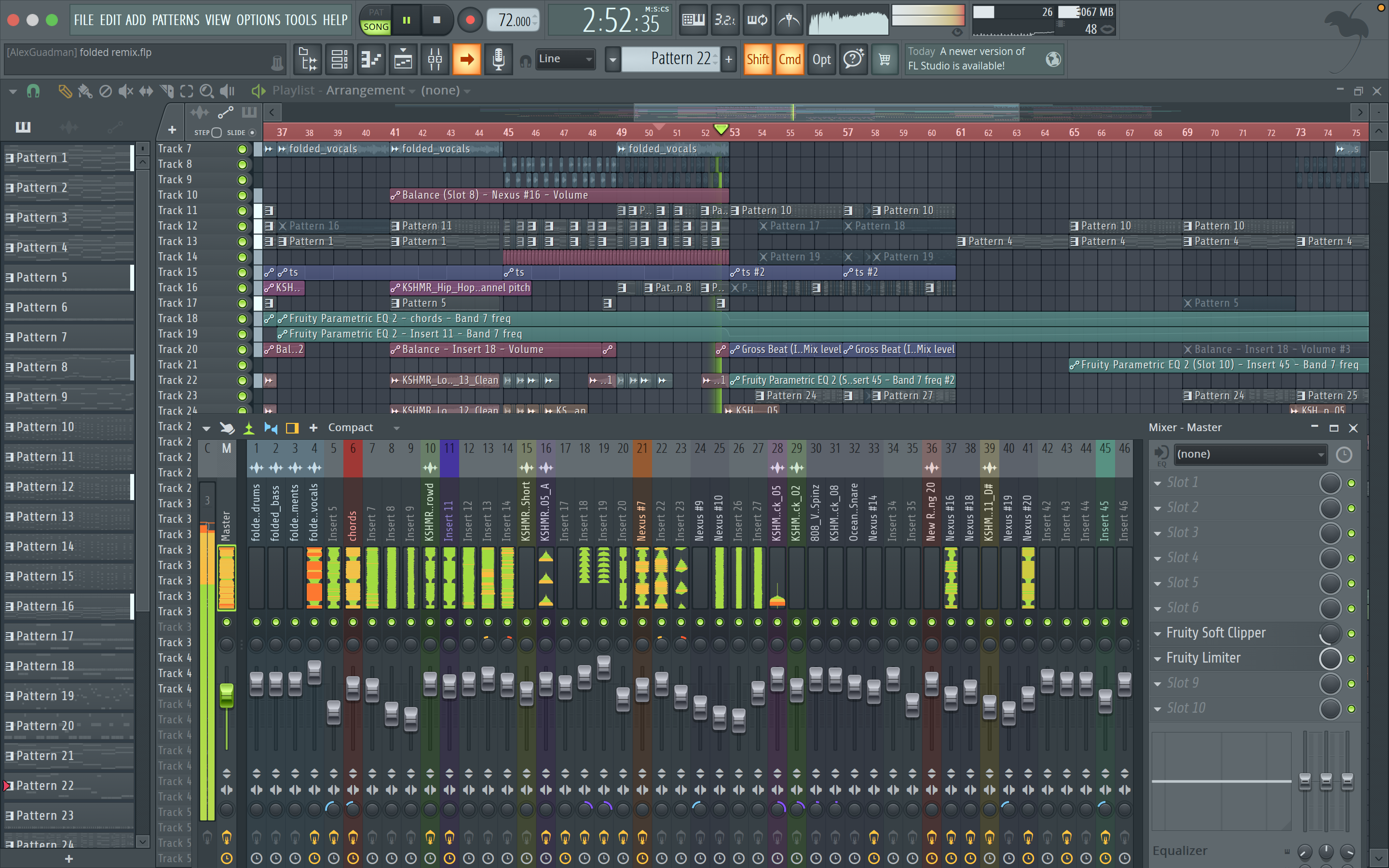FL Studio mixer view from the Folded remix session