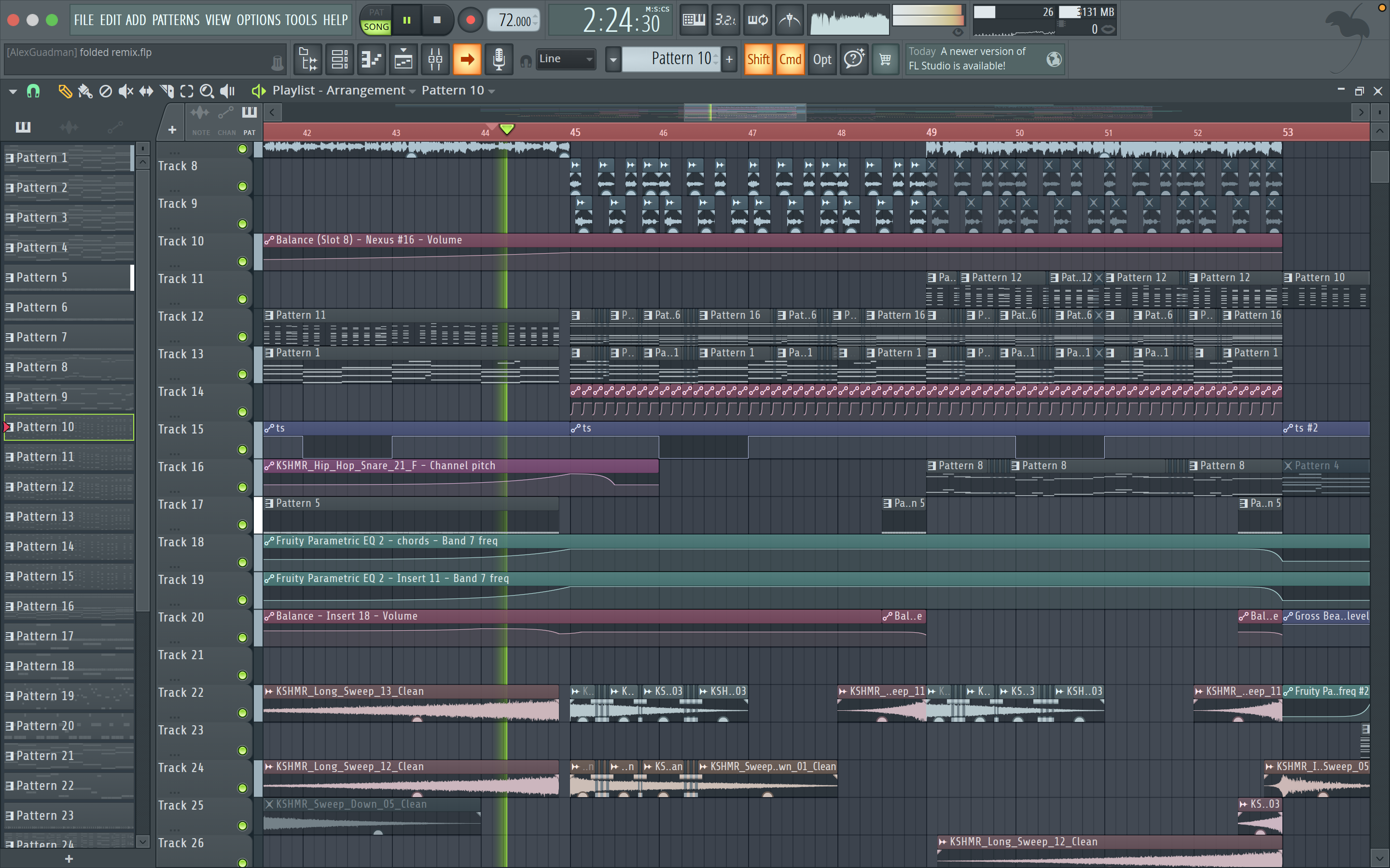 FL Studio playlist detail from the Folded remix session